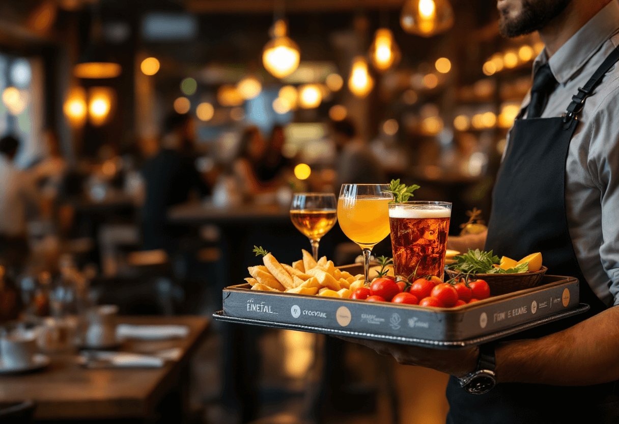 serveur portant plateau publicitaire imprimé avec boissons dans un bar
