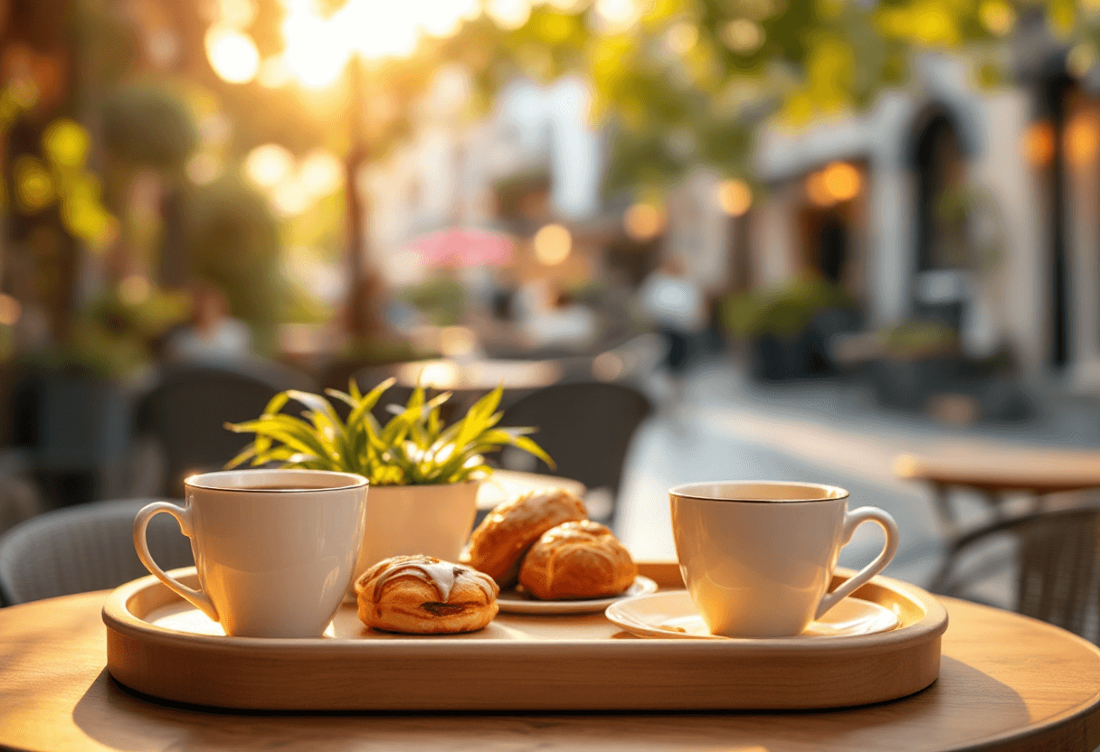 plateau publicitaire sur table de café en terrasse au coucher du soleil